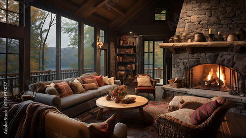 A cabin retreat with a sectional sofa set in earthy tones, surrounded by wooden logs, a stone fireplace, and cozy plaid blankets. © Muhammad