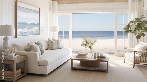A coastal-inspired bedroom with a sofa at the foot of the bed, light and airy decor, and ocean-inspired accents.