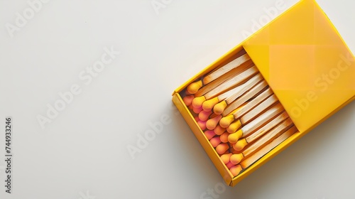 Top view of yellow matchbox in a white backdrop with a big empty space for text or product  Generative AI.