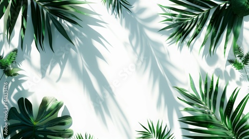 Tropical leaves as border on white background with shadows. Flat lay, top view. Copy space.