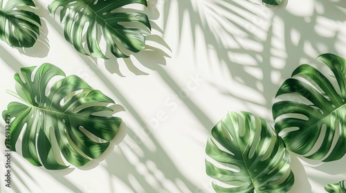 Tropical leaves as border on white background with shadows. Flat lay, top view. Copy space.