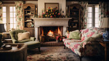 A cottage-style den with a floral print sofa set, lace curtains, and a vintage fireplace for a charming and cozy ambiance.