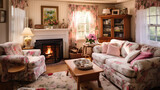 A cottage-style den with a floral print sofa set, lace curtains, and a vintage fireplace for a charming and cozy ambiance.
