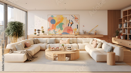 A cozy family room featuring a large L-shaped sofa set in earthy tones, surrounded by playful wall art and a dedicated kids' play area.