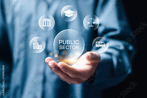 Public sector concept. government, education, health, municipal service, provide people infrastructure. Person hold public sector icon on virtual screen.