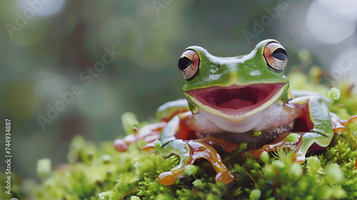 a close-up of a frogs mouth plagued by stomatitis, Dumpy frog "litoria caerulea" shadding on branch, Dumpy frog "litoria caerulea" look like laughing on branch
