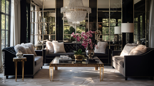 A glamorous Hollywood Regency-style living room with a velvet sofa set, mirrored furniture, and crystal chandeliers for a touch of luxury.