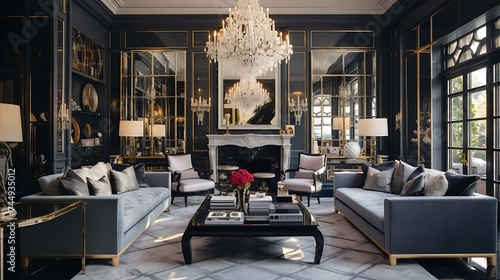 A glamorous Hollywood Regency-style living room with a velvet sofa set, mirrored furniture, and crystal chandeliers for a touch of luxury. photo