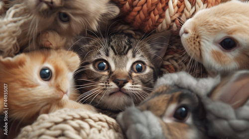 Expressões encantadoras de animais em closeup gatos pug coelhos curiosos expressões únicas e encantadoras que transmitem alegria photo