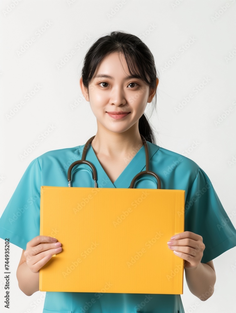 A young nurse holds a sign with space for text. A white background clearly separates the subject from the background. A young nurse holds a sign with space for text. A white background clearly separates the subject from the background.