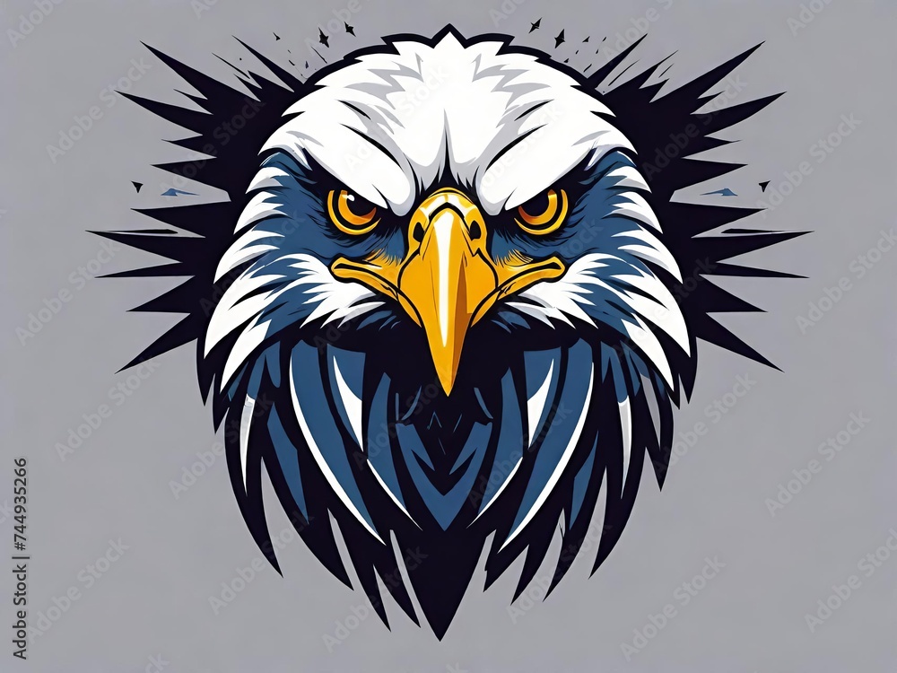 Fototapeta premium Illustration of an eagle’s head with a fierce expression set against a stylized gray background. Generative AI.