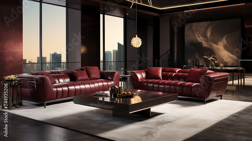 A luxurious contemporary sofa set in rich burgundy leather, surrounded by opulent decor and high-end finishes in a penthouse setting.