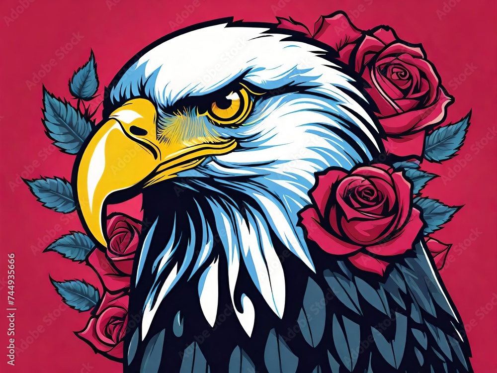 Fototapeta premium Illustration of an eagle’s head against a red background. Surrounding the eagle are several large roses in full bloom. Generative AI.