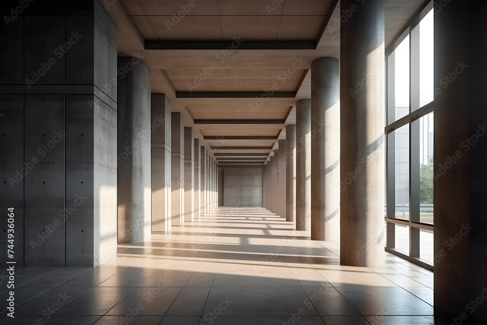 Modern concrete corridor interior with empty mock up place on wall, pillars and daylight