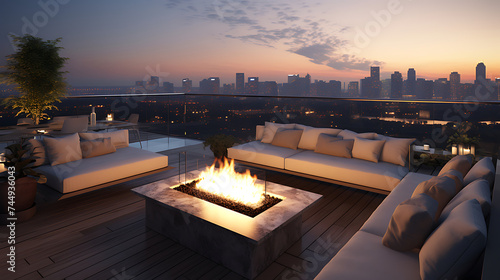 A modern urban rooftop with a sectional sofa set, fire pit, and panoramic views of the city skyline.