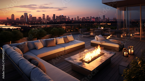 A modern urban rooftop with a sectional sofa set, fire pit, and panoramic views of the city skyline. © Muhammad