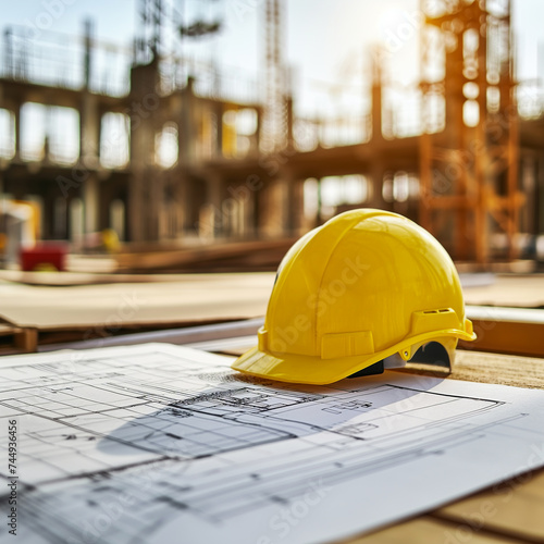 Yellow safety helmet on architectural blueprints with active construction site in the background.