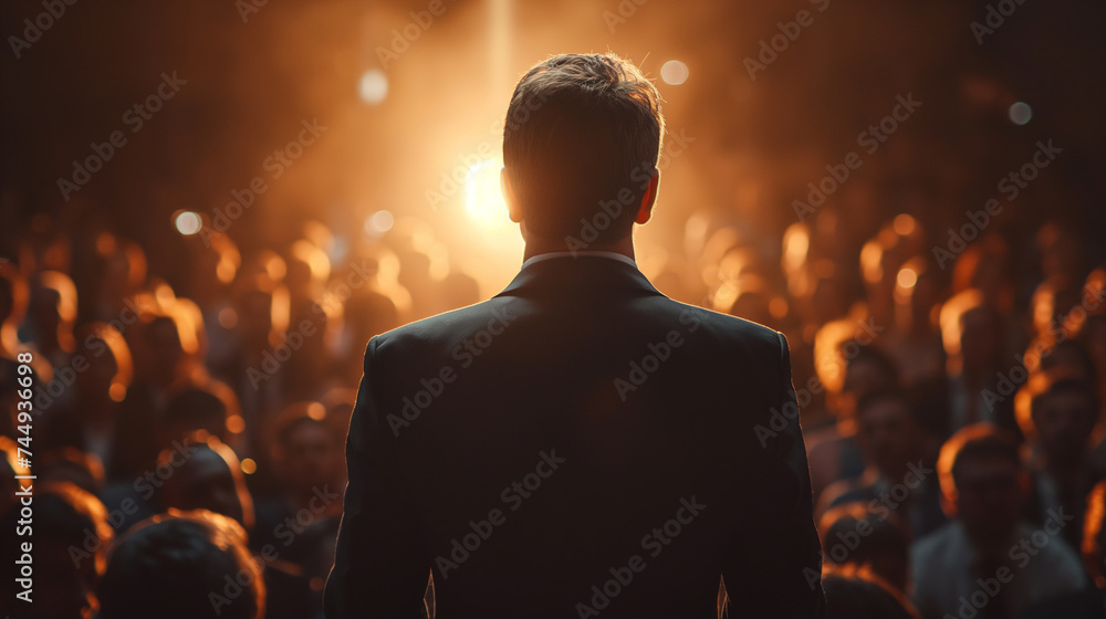 Back view of a speaker at a podium facing a large audience in a conference hall with dramatic lighting and atmosphere.