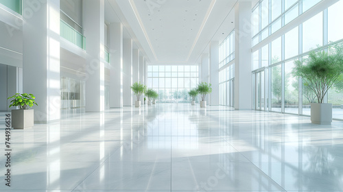 Spacious and bright corporate lobby featuring floor-to-ceiling windows and reflective marble floors, conveying a sleek modern atmosphere.