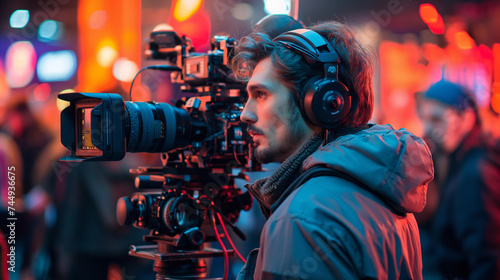 Cinematographer in action  capturing footage with high-end camera gear on a bustling film set at night.