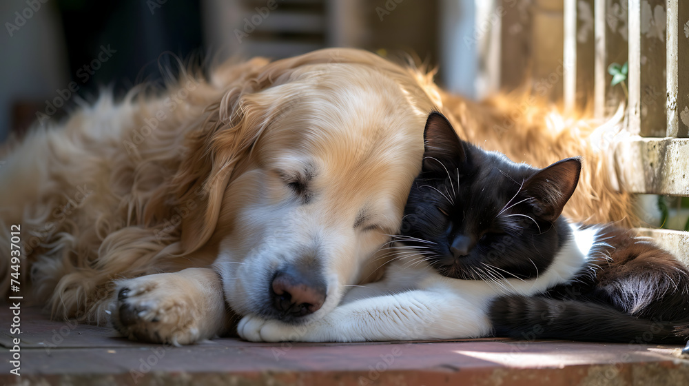 Abraços aconchegantes a convincente amizade entre um retriever dourado e um gato preto e branco