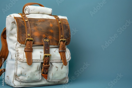 Vieja mochila de viaje blanca con detalles de cuero cafe en un fondo neutro photo
