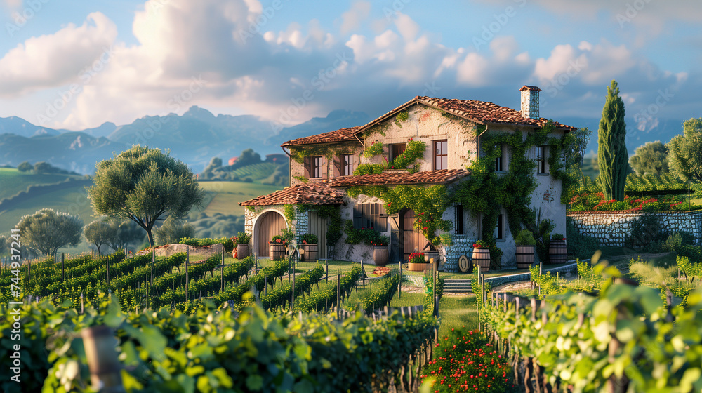 A Italian house with a stone wall and a vineyard in the hillside.