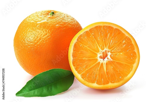 Isolated orange fruit cut in half with leaves, set against a white backdrop