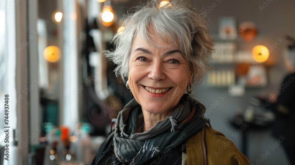 Portrait of a happy smiling mature senior woman customer at hair salon. AI Generated Portrait of a happy smiling mature senior woman customer at hair salon. AI Generated