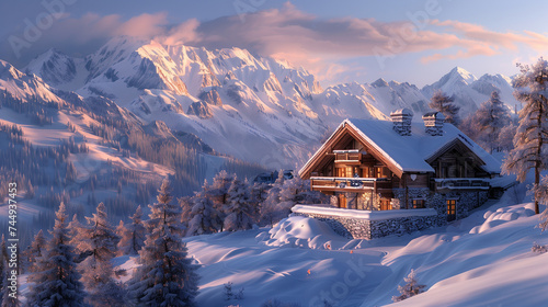 A chalet with a snow-covered roof and a ski slope in the background. photo
