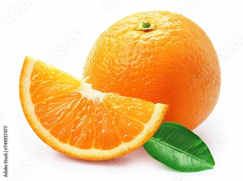 Isolated orange fruit with a slice and vibrant green leaves set against a clean white backdrop