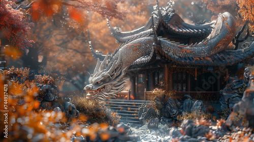 A Chinese house with a curved roof and a dragon statue in the garden.
