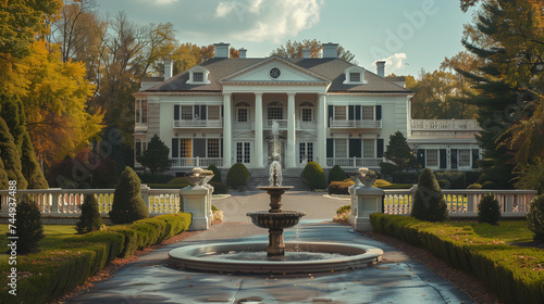 A colonial mansion with a white fence and a fountain in the driveway.