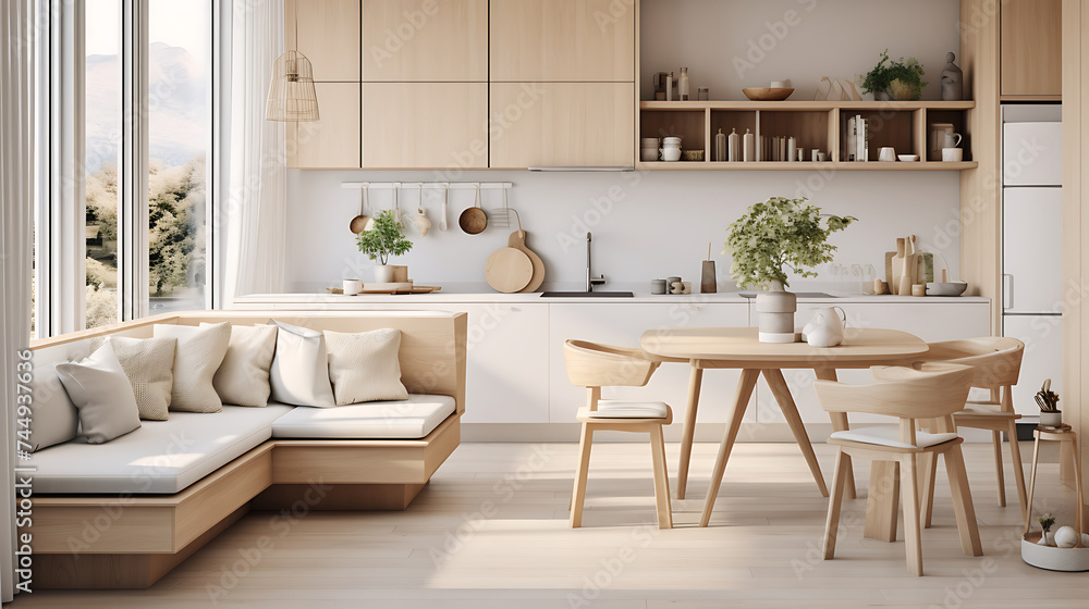 A Scandinavian-inspired kitchen with a cozy breakfast nook sofa set, light wood accents, and minimalist design. - obrazy, fototapety, plakaty 
