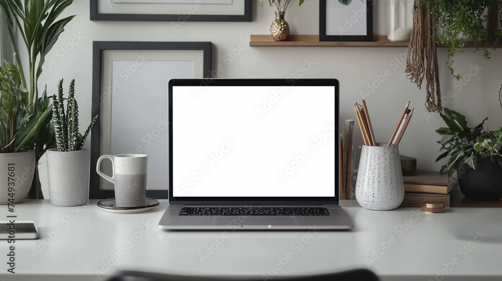 A neatly organized home office desk with a modern laptop, a cup of coffee, and decorative plants, embodying a minimalist aesthetic. A neatly organized home office desk with a modern laptop, a cup of coffee, and decorative plants, embodying a minimalist aesthetic.