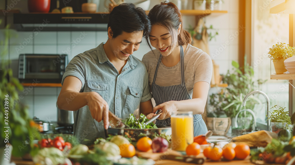 A happy couple enjoys preparing a meal together in a well-lit, plant-filled kitchen, sharing a moment of joy.