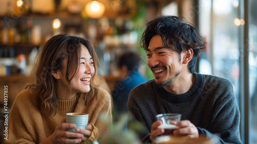 A couple in warm attire shares a laugh over coffee at a cafe  with glowing bokeh lights creating a romantic atmosphere.
