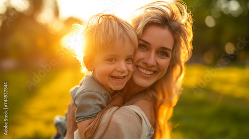 A smiling mother embraces her young child in a warm, sunlit park, radiating happiness and love.