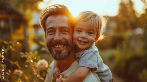 A heartwarming portrait of a bearded father embracing his young daughter, both smiling joyfully in the golden hour sunlight.