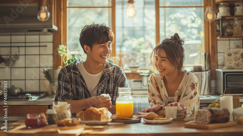 A happy couple shares an intimate moment over a homemade breakfast in a sunlit kitchen filled with warmth and affection.