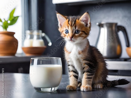 Kitten sits beside a glass of milk in a sunlit modern kitchen, evoking themes of domesticity and comfort. Generative AI. © anungcamui