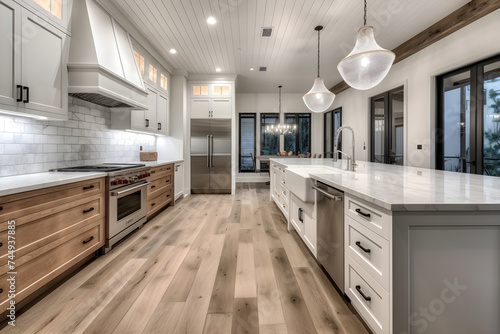 A new luxury home's traditional kitchen features a farmhouse sink, hardwood floors, wood beams, a huge island, and quartz counters