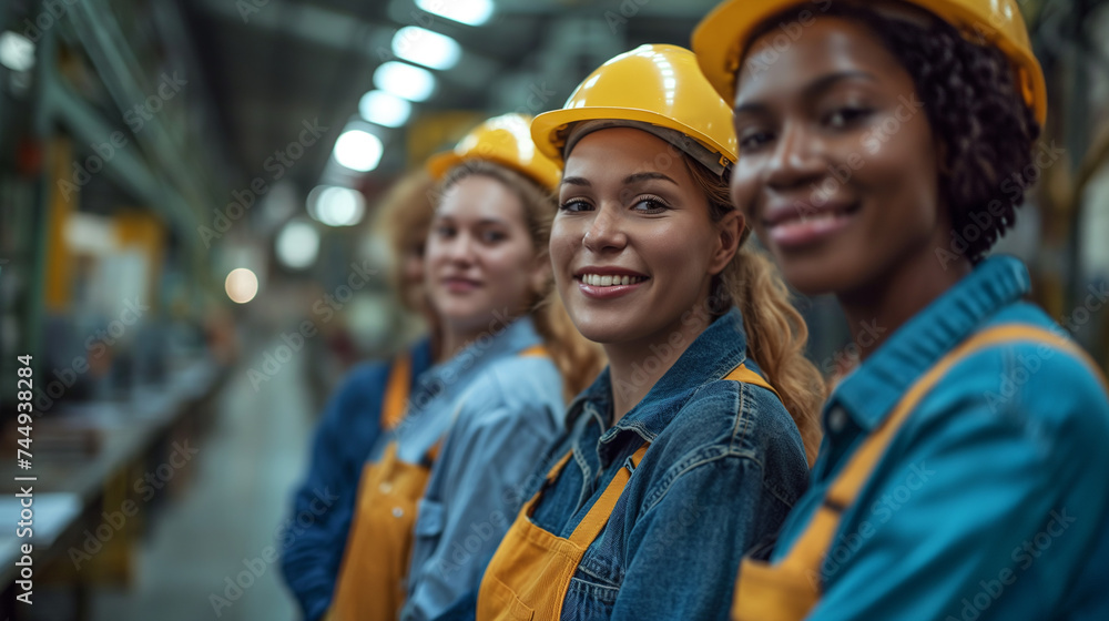 Three diverse female workers wearing safety helmets, confidently smiling in an industrial manufacturing plant. Three diverse female workers wearing safety helmets, confidently smiling in an industrial manufacturing plant.