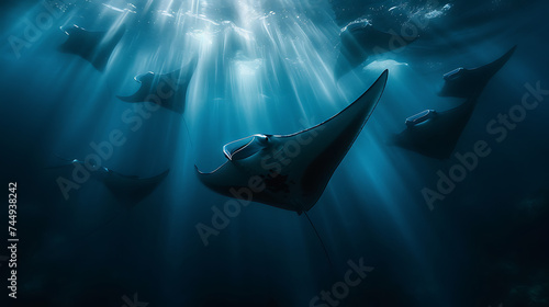 Uma cena subaquática hipnotizante de raias-manta flutuando graciosamente no oceano. photo