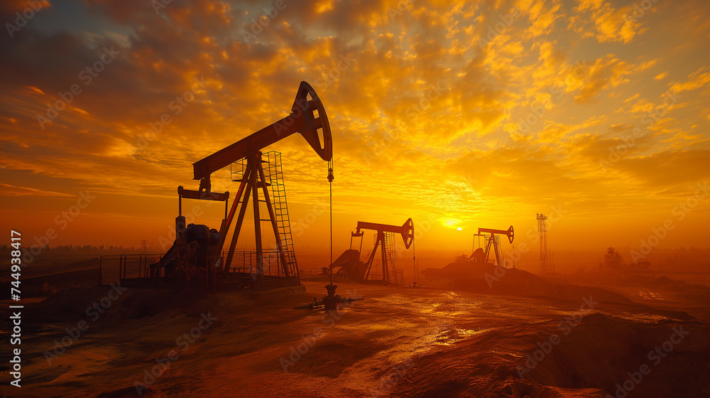 The sun rises over a vast field, illuminating an oil pump jack in operation, a symbol of energy production and resource extraction.