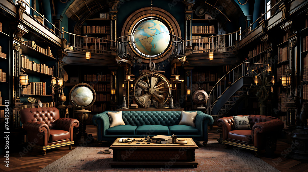 A Steampunk-themed library with a leather Chesterfield sofa set, antique bookshelves, and vintage globes. - obrazy, fototapety, plakaty 