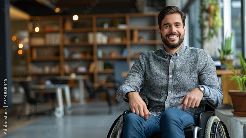 Cheerful male professional in a wheelchair displaying confidence and positivity in a modern office setting. Cheerful male professional in a wheelchair displaying confidence and positivity in a modern office setting.