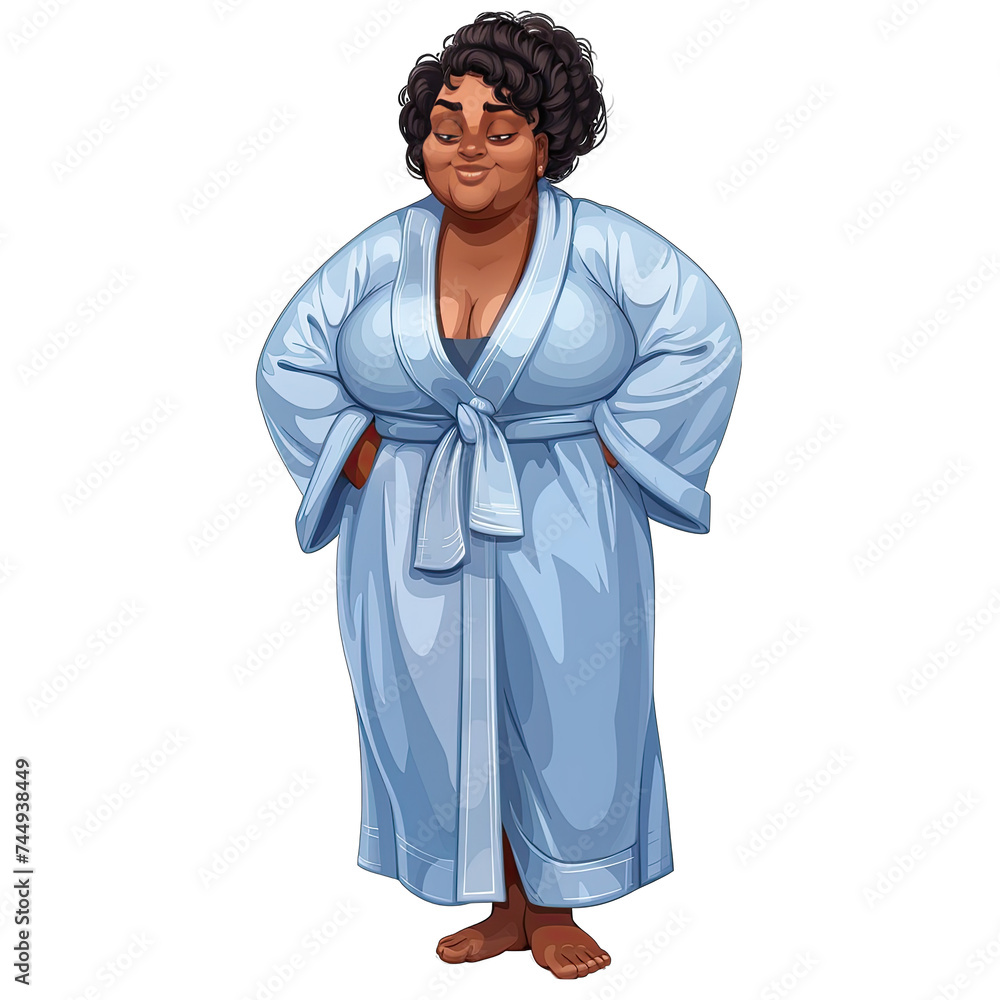 Plus size curvy African American woman in a bath robe at a spa, isolated