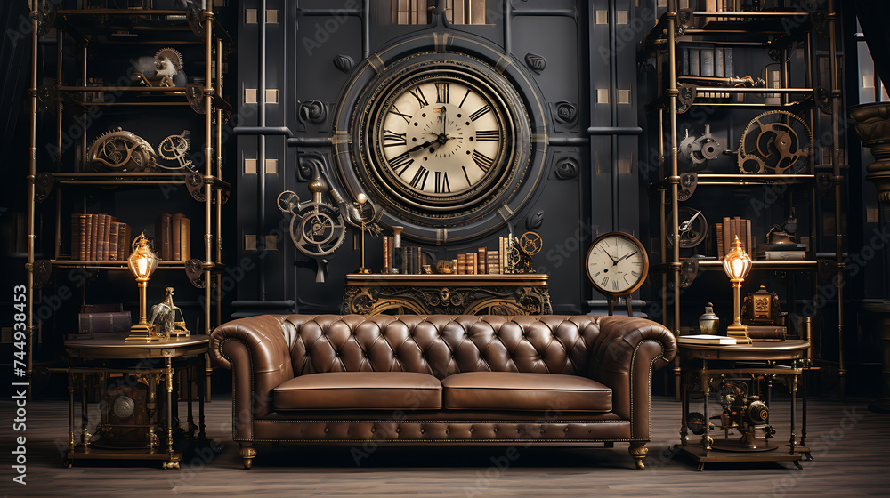 A Steampunk-inspired study with a leather sofa set, vintage gears, and intricate brass detailing.