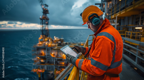 An offshore oil rig worker in safety gear uses a tablet to check systems and processes, against the backdrop of the vast ocean and rig infrastructure. photo